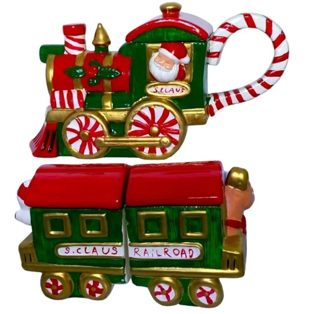 Vintage Santa Train Teapot With Nesting Creamer Sugar Bowl 3 Pieces Ceramic 1994